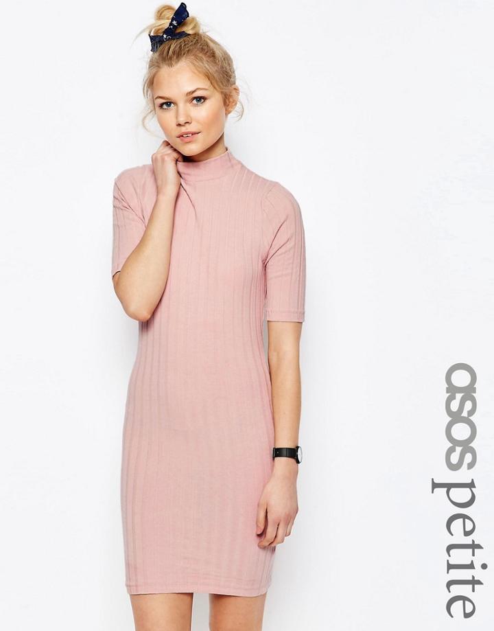 Asos Petite Bodycon Dress With High Neck In Chunky Rib - Black