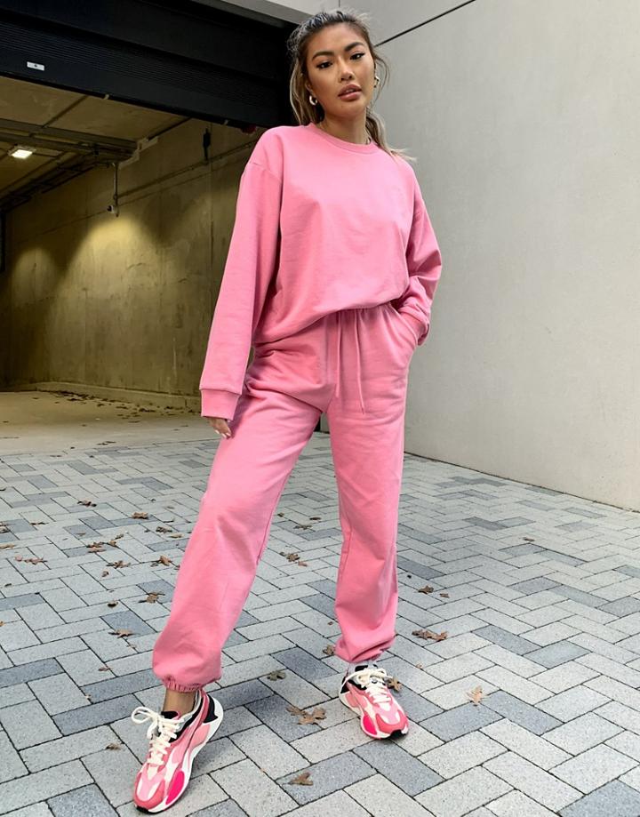 Asos Weekend Collective Oversized Sweatshirt Set With Tonal Embroidery Logo In Washed Pink