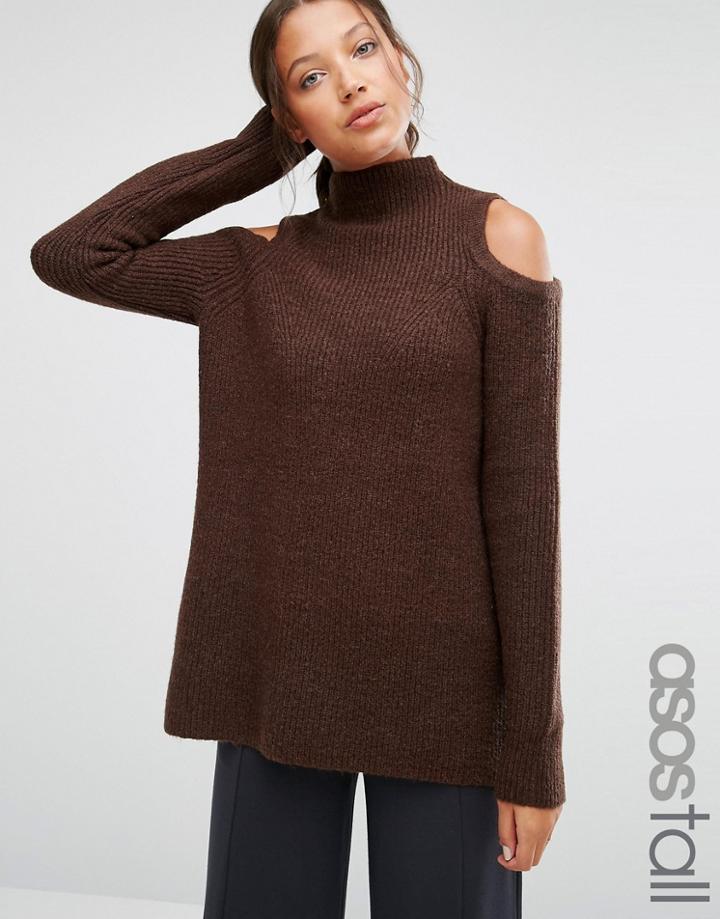 Asos Tall Sweater In Rib With Cold Shoulder - Brown