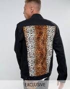 Reclaimed Vintage Inspired Oversized Denim Jacket With Leopard Print Panel - Black