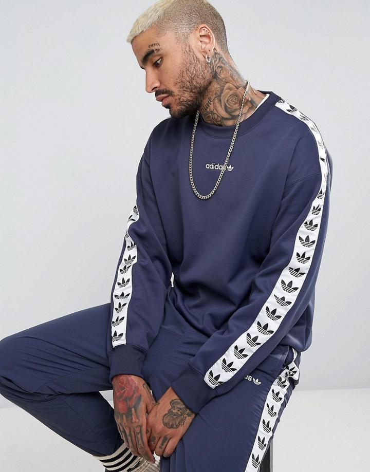 Adidas Originals Adicolor Tnt Tape Crew Sweat In Blue Br6744 - Blue
