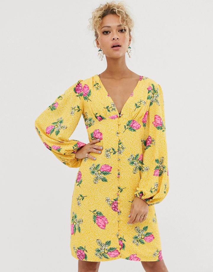 Never Fully Dressed Button Through Mini Dress With Blouson Sleeve In Multi Floral Print - Multi