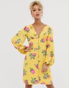 Never Fully Dressed Button Through Mini Dress With Blouson Sleeve In Multi Floral Print - Multi