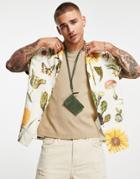 Asos Design Boxy Oversized Camp Collar Shirt In Linen Mix With Sunflower Print-neutral