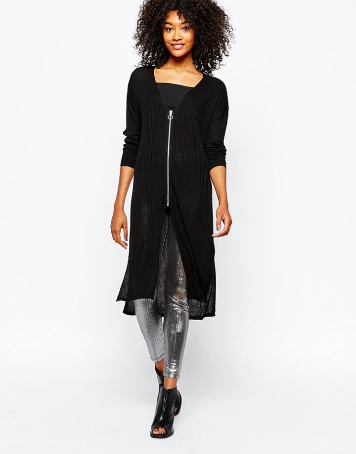Monki Zip Detail Long Line Cardigan - Black