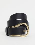 Pieces Slim Belt With Abstract Gold Buckle In Black