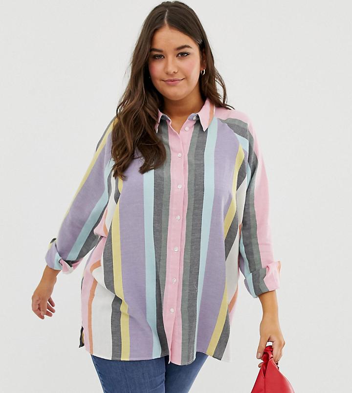 Asos Design Curve Long Sleeve Boyfriend Shirt In Stripe - Multi