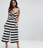Asos Petite Bow Jumpsuit In Structured Fabric In Stripe-black