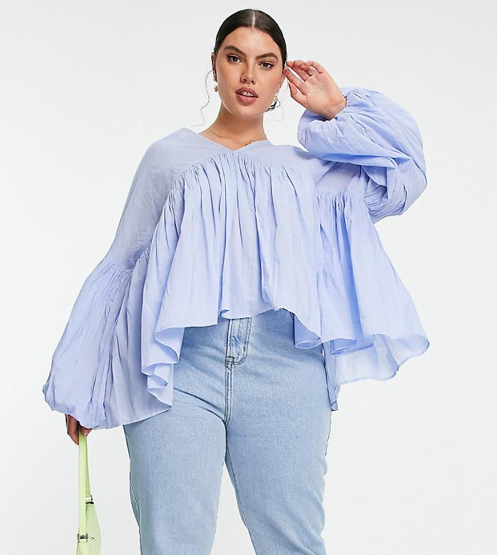 Asos Edition Curve Cotton Trapeze Top In Pale Blue-white