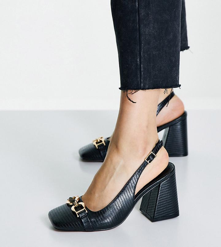 Asos Design Wide Fit Stable Snaffle Detail Slingback Heeled Shoes In Black
