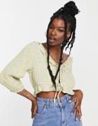 Stradivarius Str Ruffle Blouse In Green Floral Print