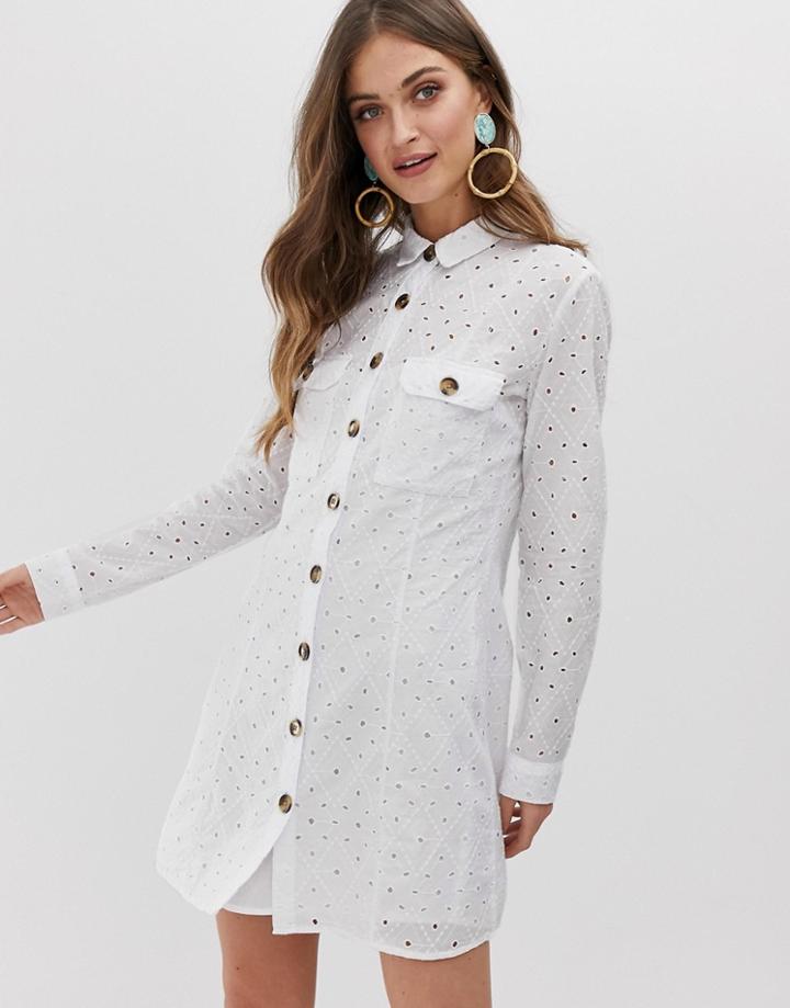 Stradivarius Broderie Shirt Dress In White - White