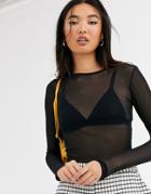 Monki Round Neck Long-sleeve Mesh Top In Black