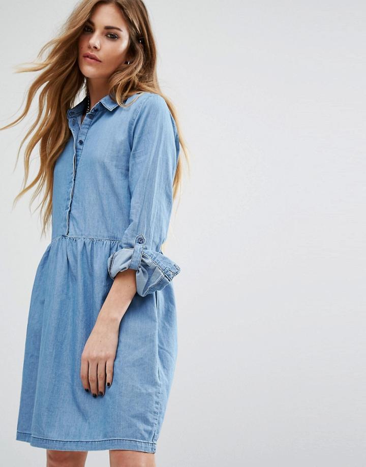Noisy May Pemplum Hem Denim Skater Dress - Blue