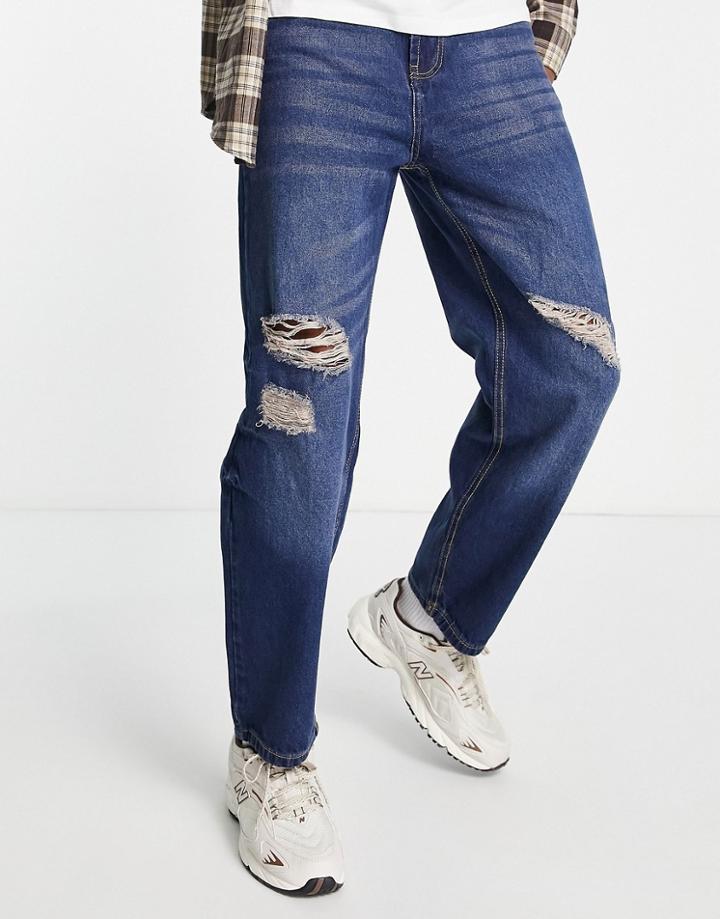 Night Addict Dad Fit Distressed Rip Jeans In Mid Blue