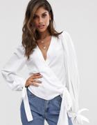 Asos Design Wrap Top With Tie Cuff-white