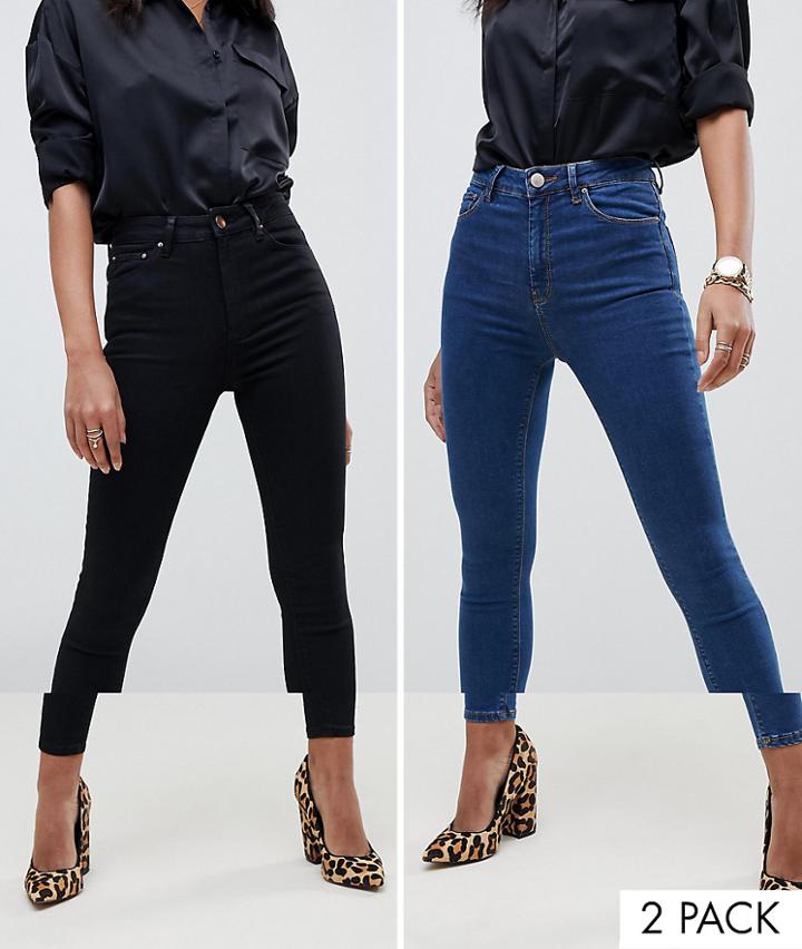 Asos Design Ridley Skinny Jeans 2 Pack In Black And Mid Blue Wash - Multi
