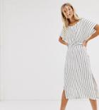 Bershka Midi Dress With Tie Waist In White - White