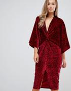 Flounce London Velvet Twist Front Midi Dress In Red Animal - Red