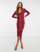 Asos Design Bardot Long Sleeve Midi Dress With Sash Detail In Maroon-multi