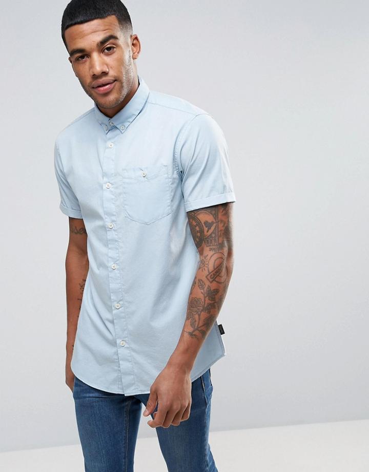 Jack & Jones Originals Short Sleeve Slim Fit Shirt In Brushed Cotton - Blue