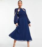 Asos Design Tall Textured Shirred Waist Open Back Pleated Midi Dress With Embroidery In Navy