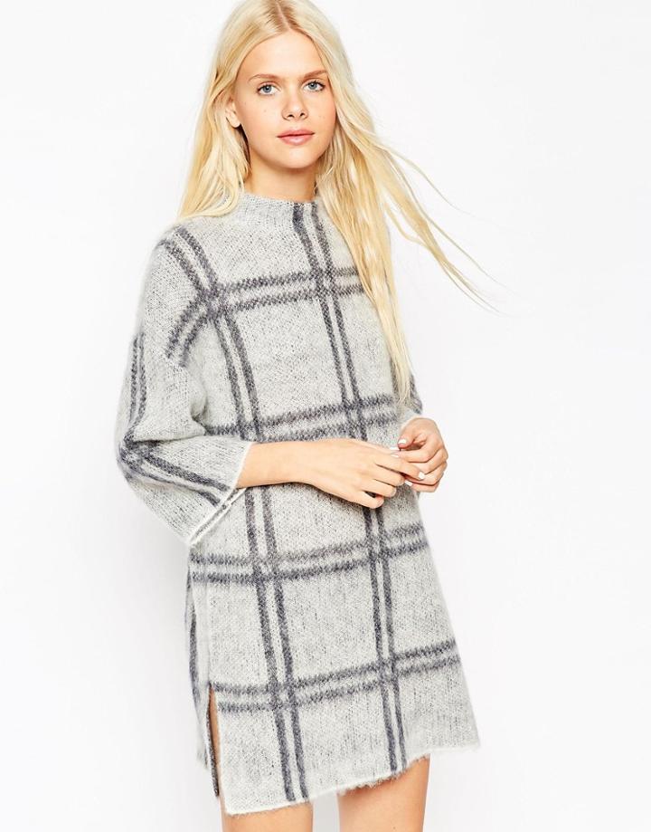 Asos Knit Dress In Brushed Check - Gray