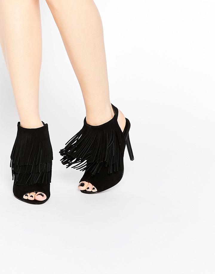 New Look Suede Peep Toe Boots With Fringing - Black