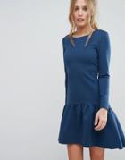 Closet Fluted Hem Long Sleeve Dress - Blue