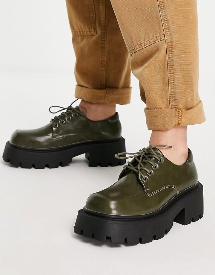 Truffle Collection Chunky Lace Up Shoes With Exaggerated Sole In Green