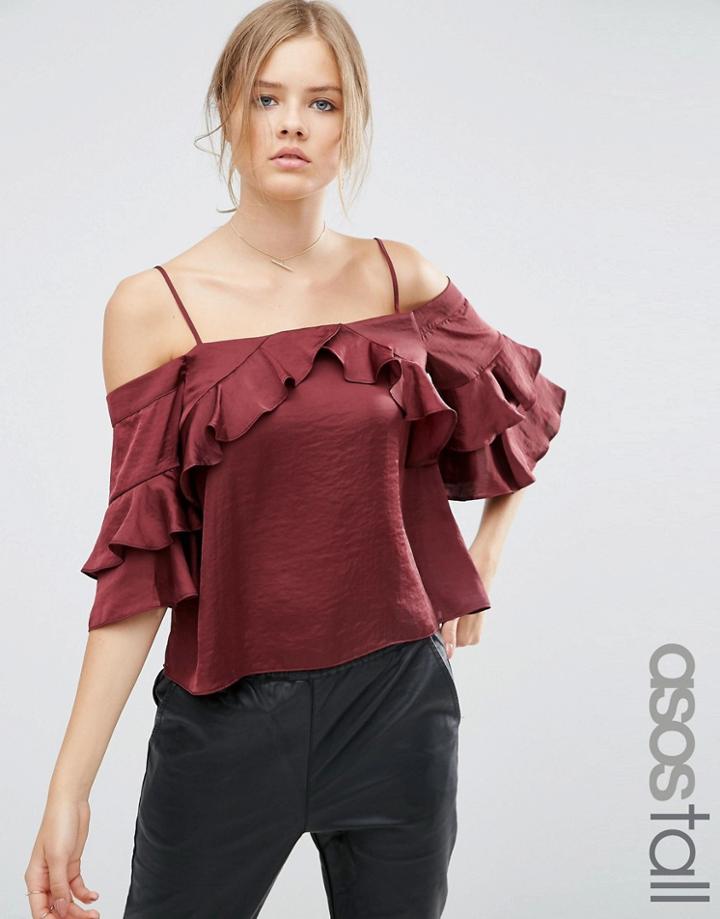 Asos Tall Off Shoulder Top In Satin With Ruffle Sleeve - Red