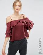 Asos Tall Off Shoulder Top In Satin With Ruffle Sleeve - Red