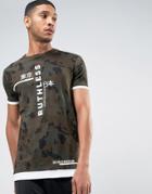 Asos Longline T-shirt In Camo With Japanese Text And Hem Extender - Gr