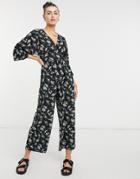 Asos Design Kimono Sleeve V-neck Jumpsuit In Dark Floral Print-red
