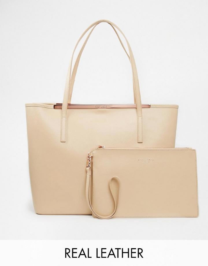 Ted Baker Zip Purse Crosshatch Leather Shopper With Removable Pouch - Beige