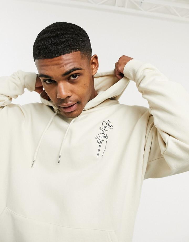 Asos Design Oversized Hoodie In Beige With Flower Chest Embroidery-neutral