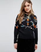 Pull & Bear Floral Embroidered Sweater - Black