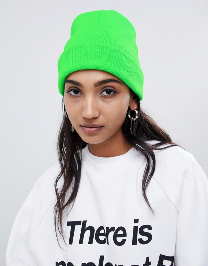 Asos Design Neon Turn Up Beanie - Green