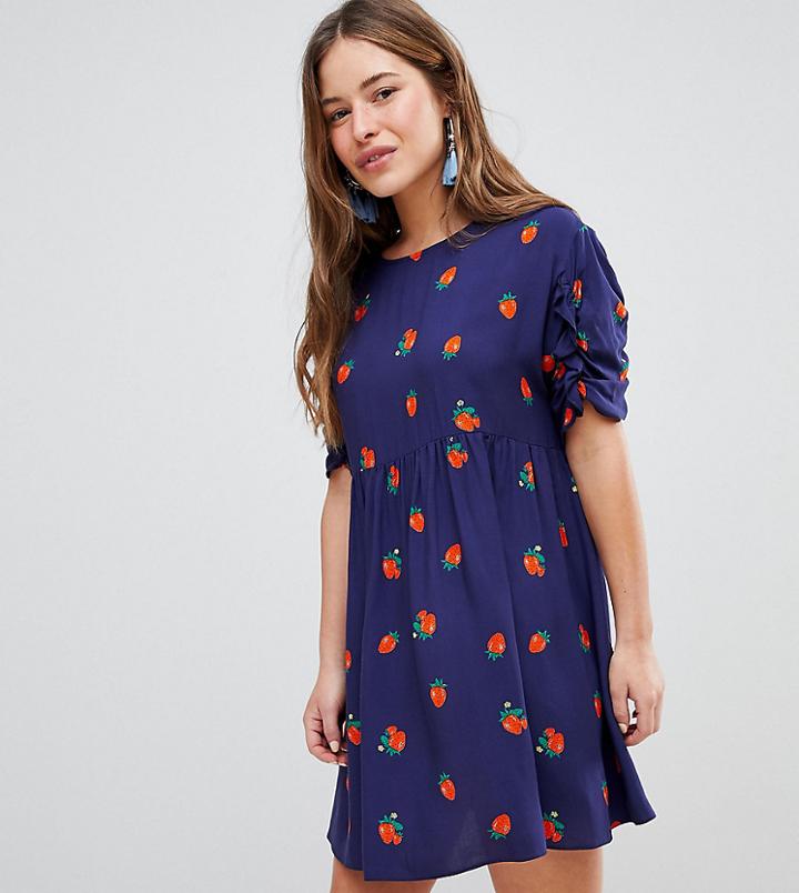Asos Design Petite Mini Smock Dress In Strawberry Print - Multi