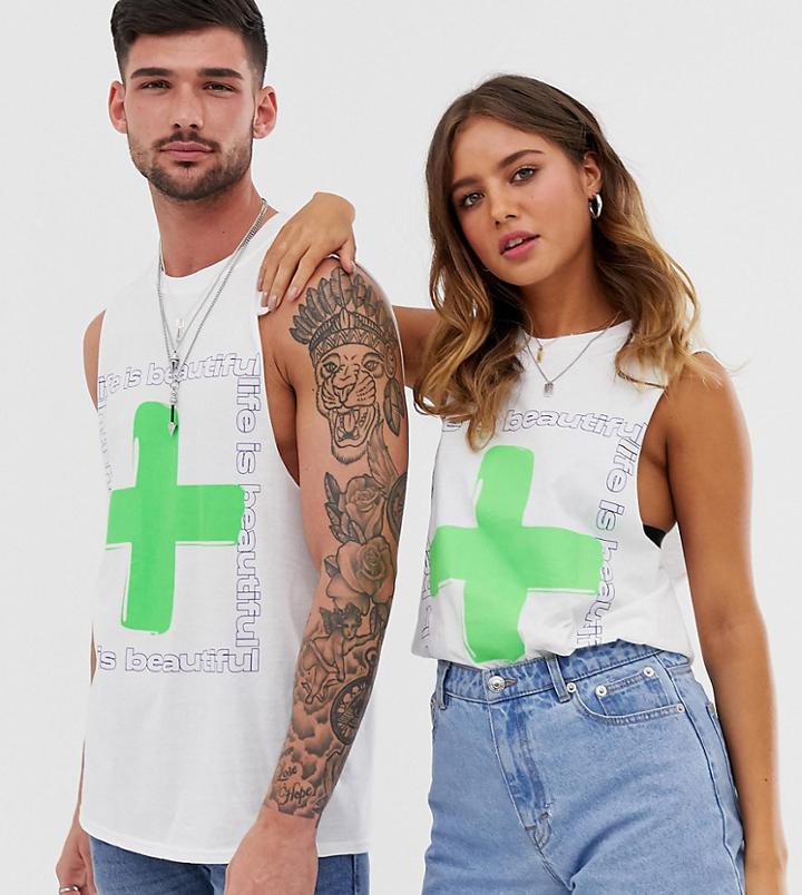 Life Is Beautiful Unisex Sleeveless T-shirt With Logo Print - White
