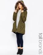 Brave Soul Tall Parka With Faux Fur Trim - Khaki