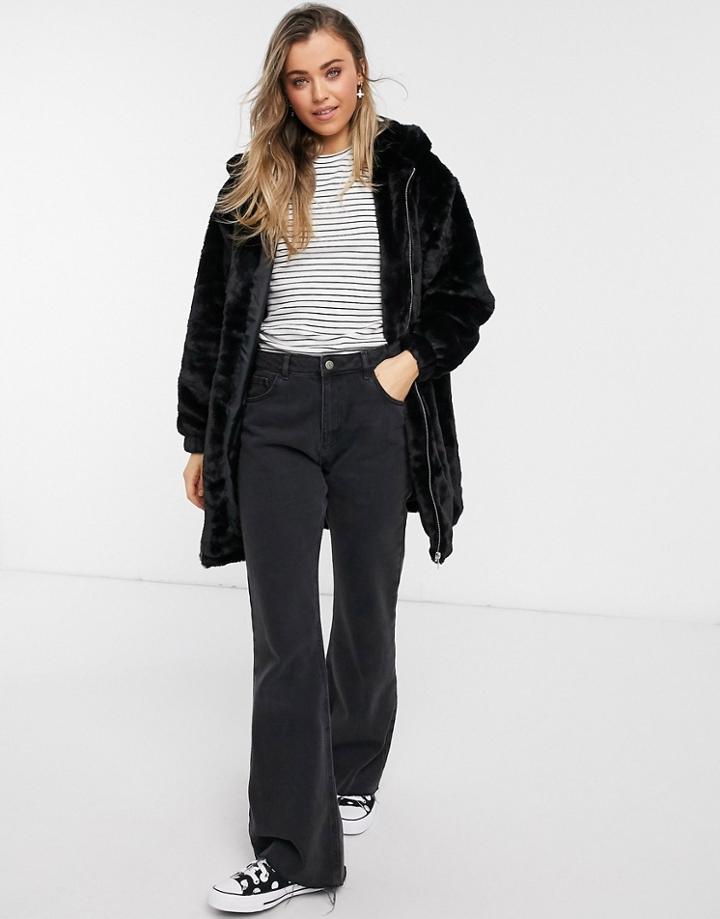 New Look Longline Faux Fur Hooded Jacket In Black