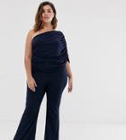 John Zack Plus One Shoulder Ruched Jumpsuit In Navy-blue