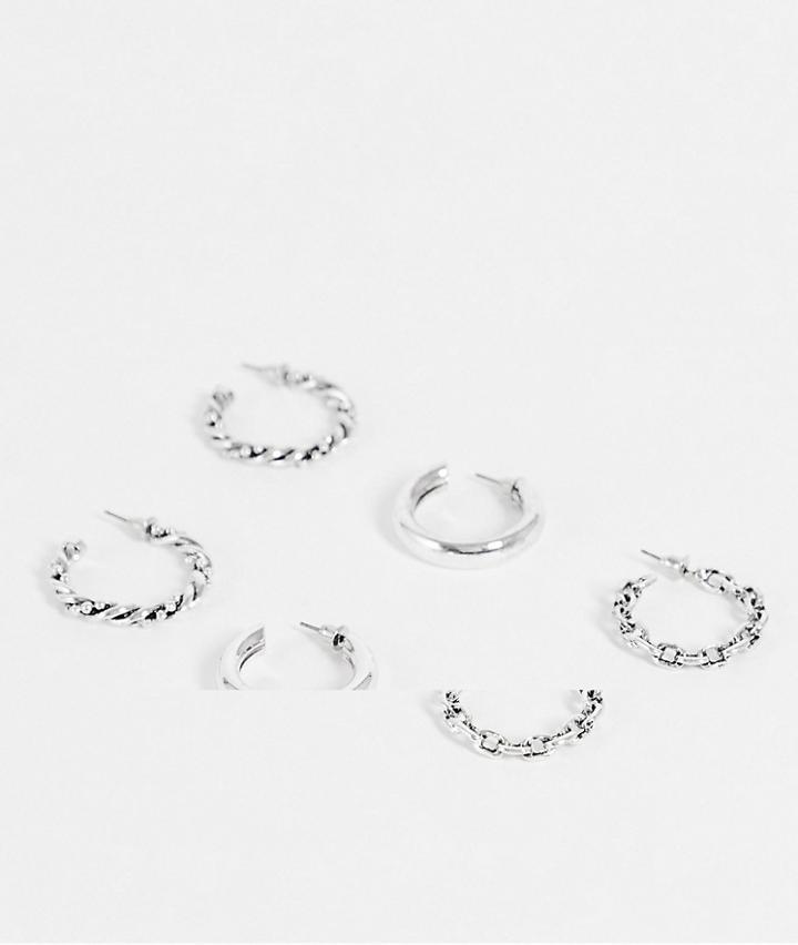 Topshop Pack Of 3 Chain And Twist Hoop Earrings In Silver