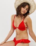 Montce Triangle Textured Ruffle Bikini Top In Red - Red