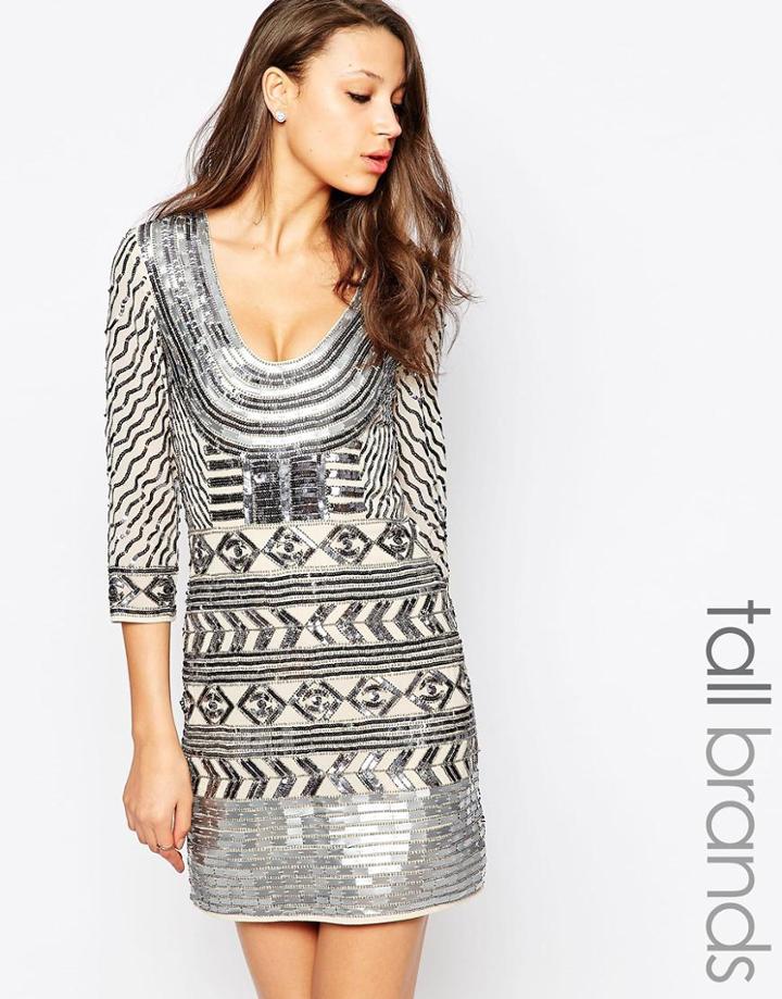 Maya Tall Allover Heavily Embellished Mini Dress With Plunge Back - Gunmetal