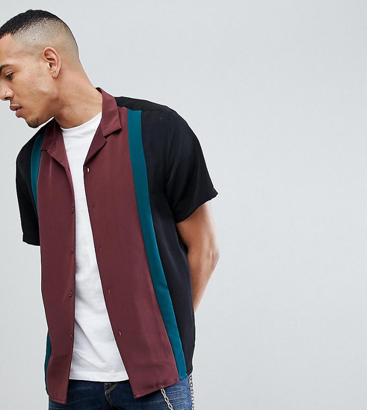 Asos Tall Regular Fit Viscose Cut And Sew Shirt With Revere Collar In Black - Black