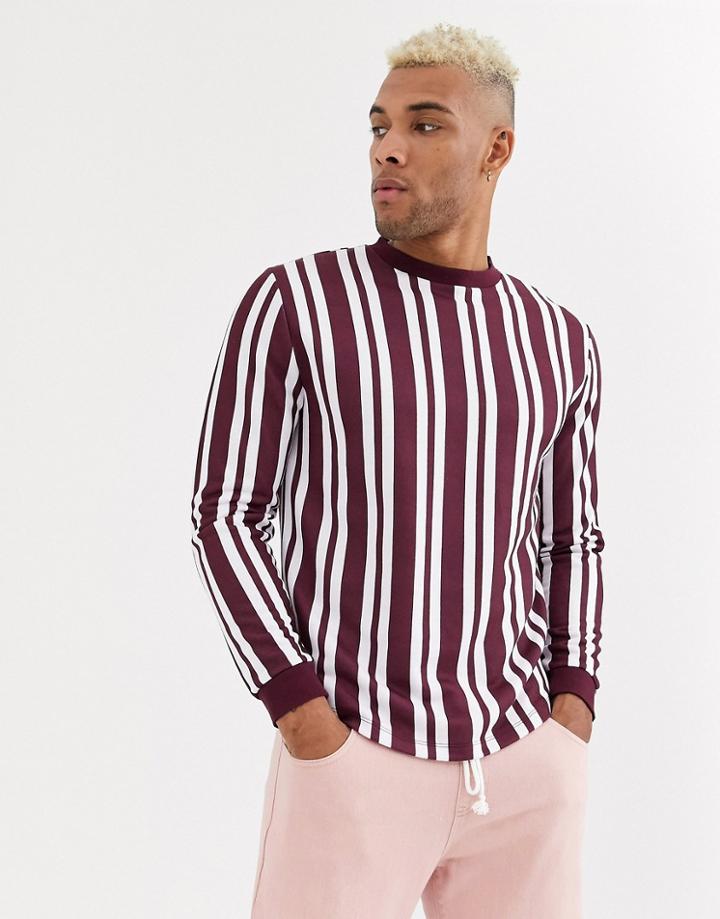 Asos Design Sweatshirt In Burgundy & White Stripes With Curved Hem-red