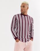 Asos Design Sweatshirt In Burgundy & White Stripes With Curved Hem-red