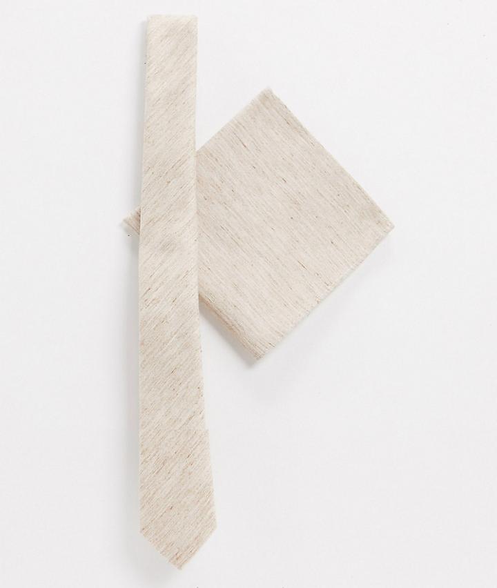 Asos Design Tie And Pocket Square Pack In Ecru Texture-neutral